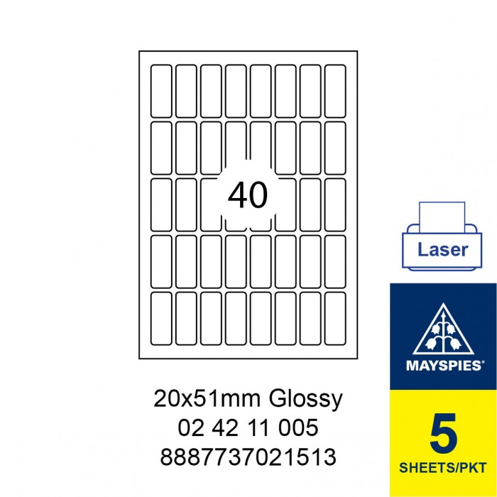 MAYSPIES 02 42 11 005 PREMIUM COLOR LASER LABEL / 5 SHEETS/PKT WHITE GLOSSY 20X51MM